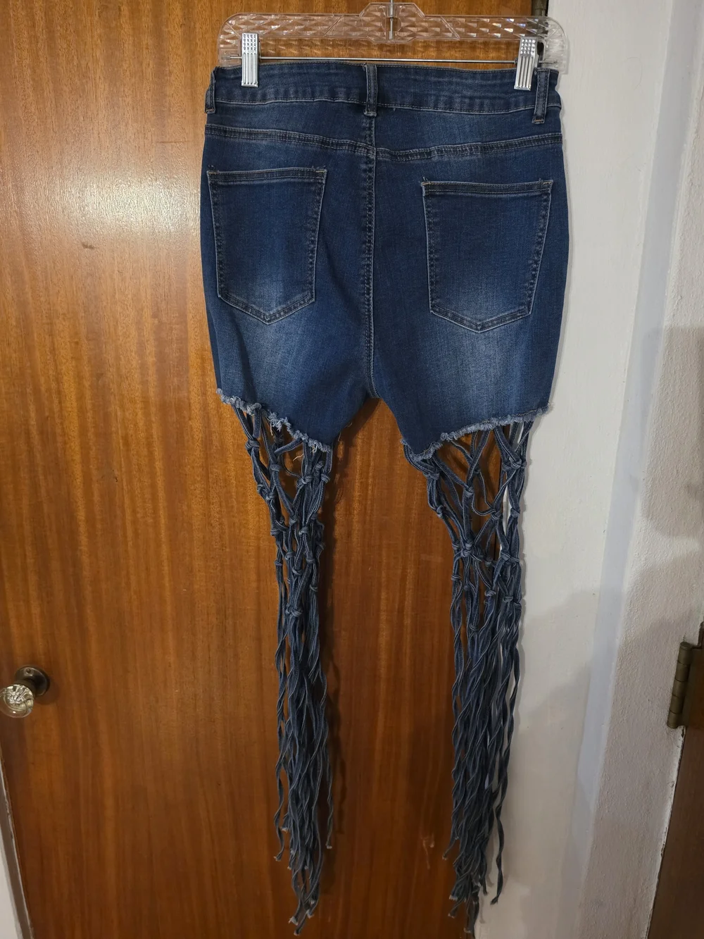Dark Blue Fringe-Trim Denim Shorts Jeans